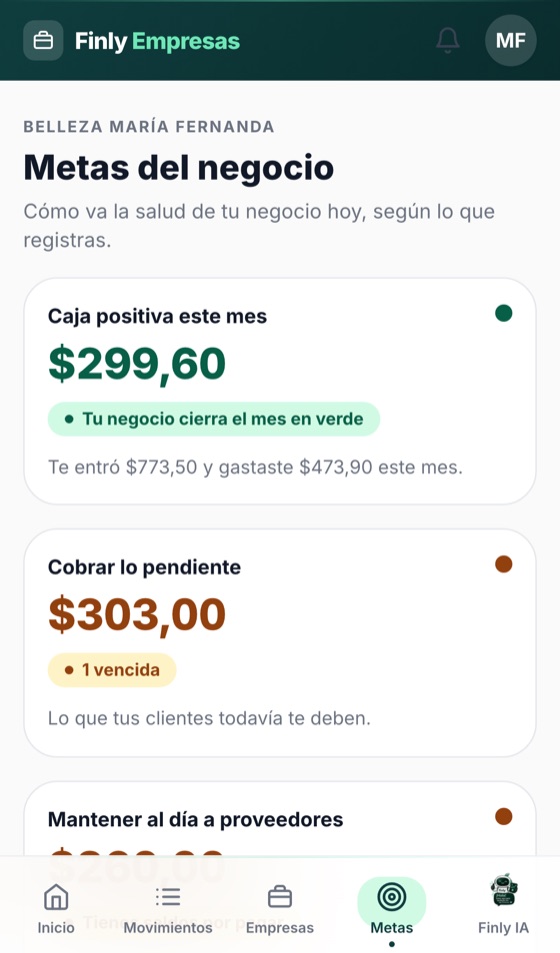 Pantalla de Metas del negocio en Finly Negocios