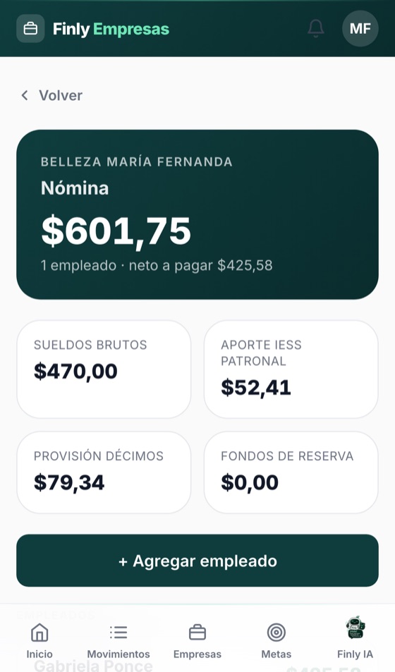 Pantalla de Nómina en Finly Negocios